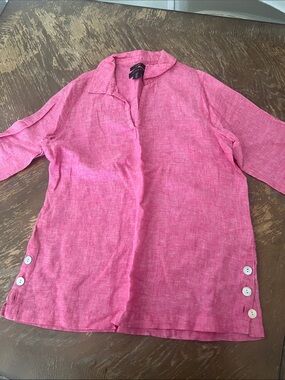 Tahari Pink Linen Open Collar Tunic